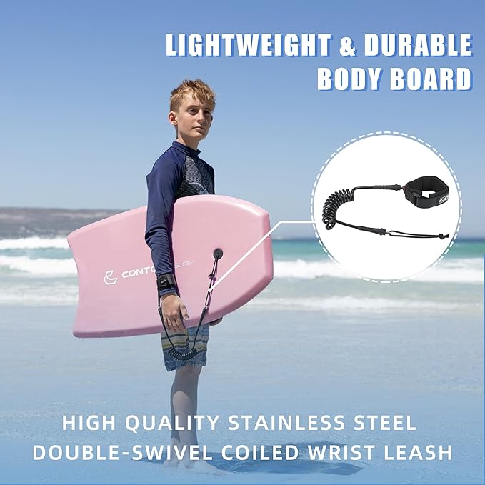 Reed Body Board 33 Inches Bodyboard Body Boards for Beach Kids Lightweight EPS Core Dual Channel Double Swivel Coiled Wrist Leash for All Surfing Levels