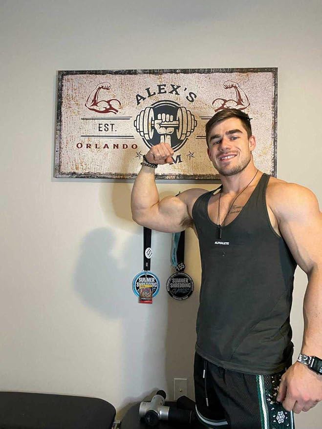 Tailored Canvases Personalized Gym Sign Wall Art Decor - Motivational Canvas for Home Gym, Workout Room, Garage, Fitness Center - Workout Inspirational Posters - One Hand Dumbbell on Rustic Red, 20x10in