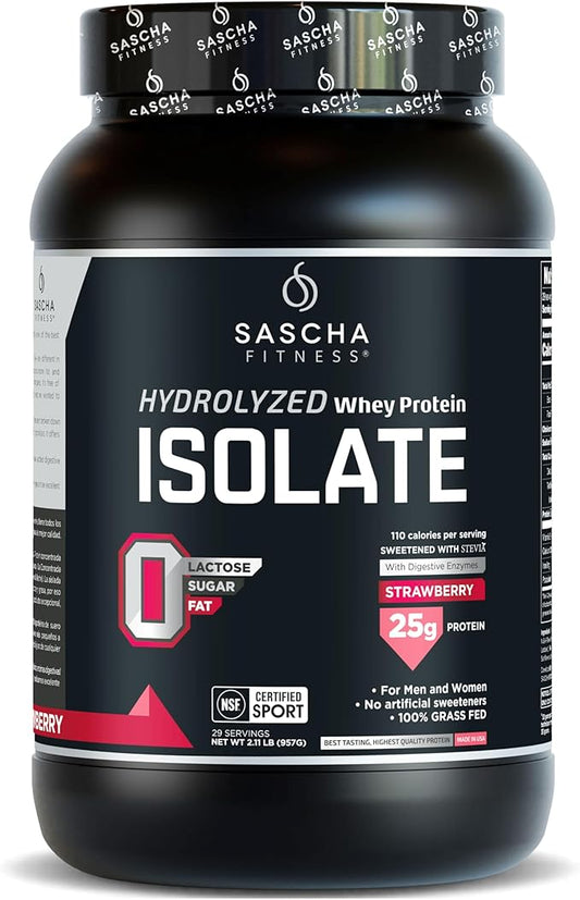 SASCHA FITNESS Hydrolyzed Whey Protein Isolate,100% Grass-Fed (2 Pounds, Strawberry)