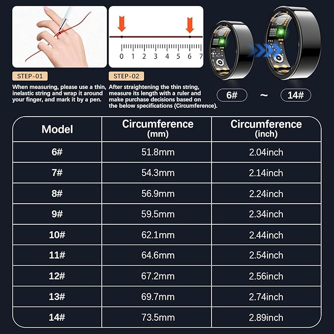 Ring Health Tracker for Women Men, Fit Ring with Heart Rate, Blood Oxygen, Sleep Monitor, Calories, Step Counter, IP68 Waterproof Smart Ring for iPhone & Android, No Subscription Fee (Black, 9#)