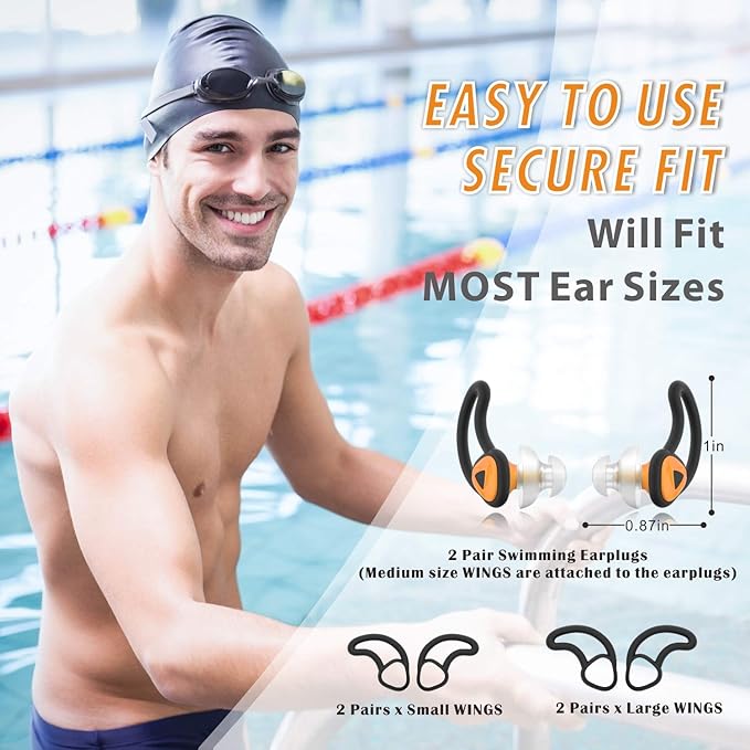 Hearprotek Ear Plugs for Swimming, [2 Pairs] Swim Ear Plugs Adults-Waterproof Silicone Water earplugs for Men Women Juniors Swimmers Pool Shower Bathing (Orange)