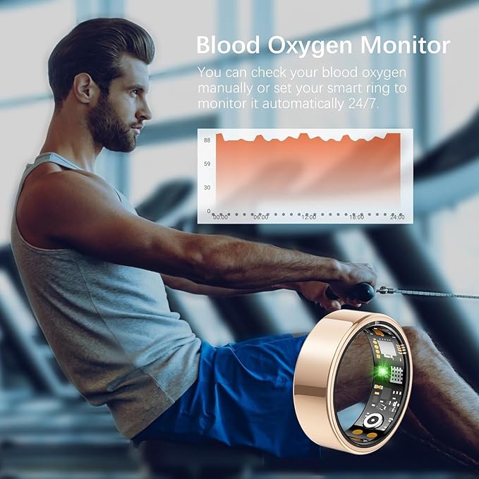 Ring Health Tracker for Women Men, Fit Ring with Heart Rate, Blood Oxygen, Sleep Monitor, Calories, Step Counter, IP68 Waterproof Smart Ring for iPhone & Android, No Subscription Fee (Rose Gold, 8#)