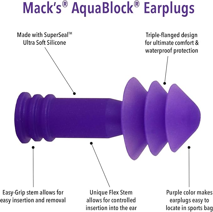 Mack's AquaBlock Swimming Earplugs, 3 Pair - Comfortable, Waterproof, Reusable Silicone Ear Plugs for Swimming, Snorkeling, Showering, Surfing and Bathing (Purple)