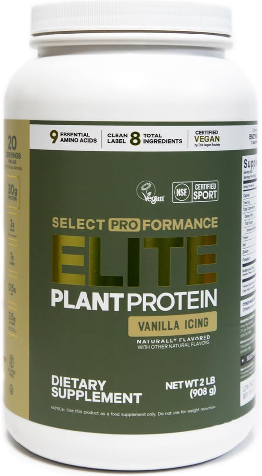 Select Proformance Elite Vegan Plant Protein Powder, Vanilla Icing, NSF Certified, No Added Sugar, 15g of Protein per Serving, 40 Servings, 2 Lbs