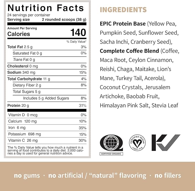Sprout Living, Epic Protein, Plant Based Protein & Superfoods Powder, Complete Coffee | 20 Grams Organic Protein Powder, Adaptogens, Mushrooms, Vegan, Non-GMO, Gluten Free (2 Pound, 24 Servings)