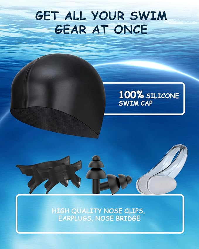 Kids Swim Goggles, Swimming Goggles for Kids Toddlers 3-14 with Swim Cap, Nose Clip, Nose Bridge, Ear Plugs