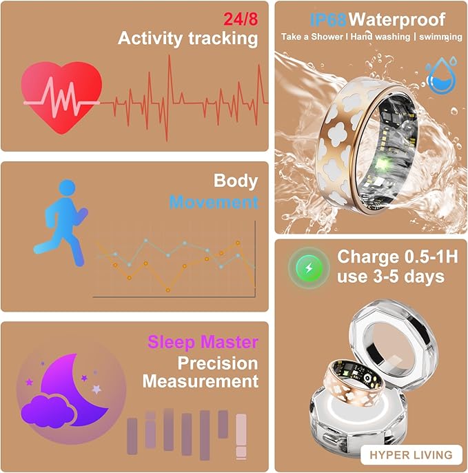 Smart Ring Health Tracker, Sleep Tracker Ring with Heart Rate, Waterproof Fitness Ring for Activity Monitoring/Steps/Distance/Calories, Air Gesture (9)