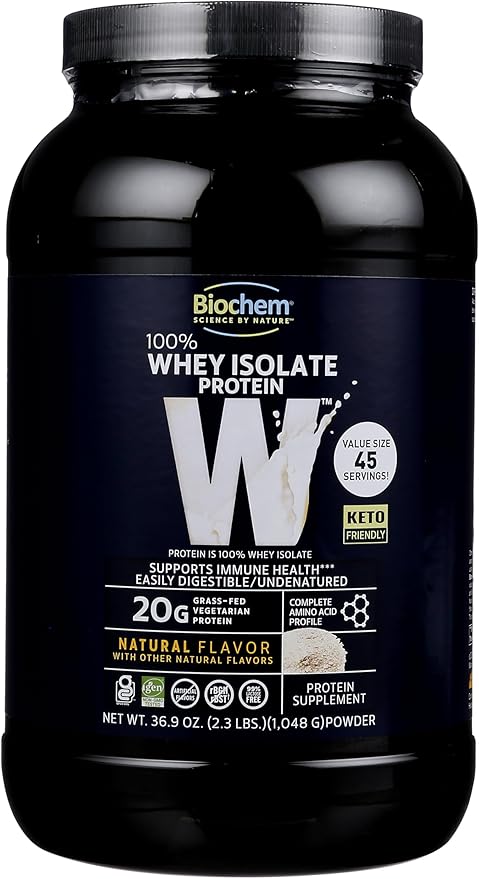 Biochem 100% Whey Isolate Protein - Natural Flavor - 20g of Protein - Pre & Post Workout - Meal Replacement - Keto-Friendly - Easily Digestible - Silky Smooth Taste - Easy to Mix (36.9 oz)