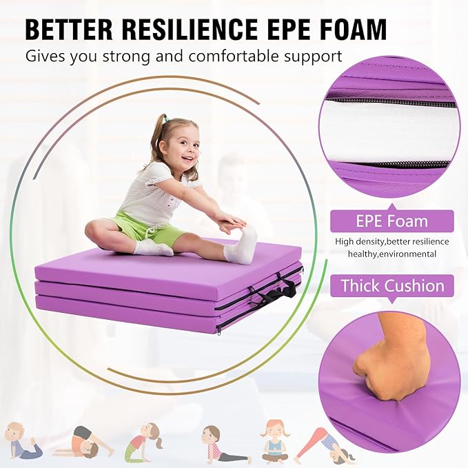 Gymnastics Tumbling Mats Portable Gymnastics Mat Foldable Tumbling Mat 2'x6'/4'x8' PU Leather Exercise Mat Yoga Mat with Carrying Handles for home Workout outdoor Yoga Gymnastics