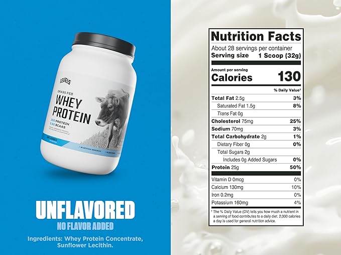 Levels Grass Fed Whey Protein Powder, No Artificials, 25G of Protein, Unflavored, 2LB