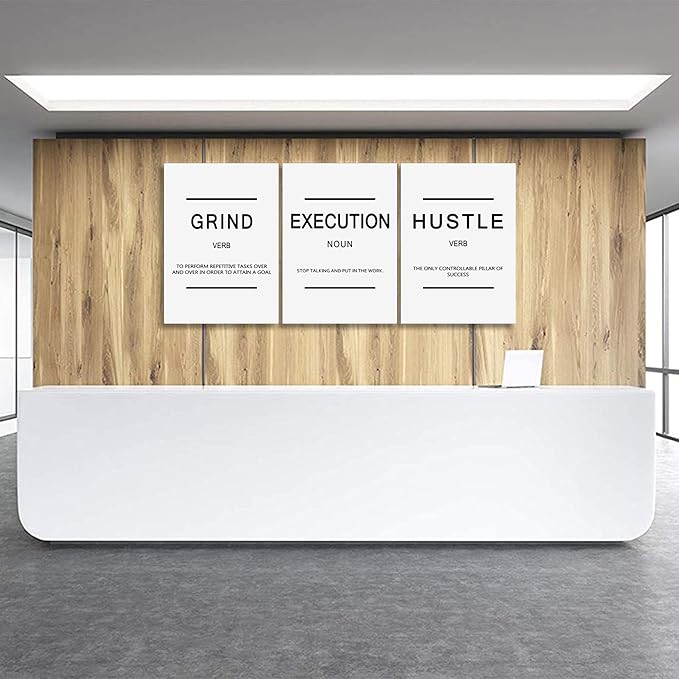 Framed Canvas Wall Art Success Quote, Office Wall Art, White Large Poster, Positive Motivational Set of 3 Prints, Grind Execution Hustle Poster, Inspirational Print