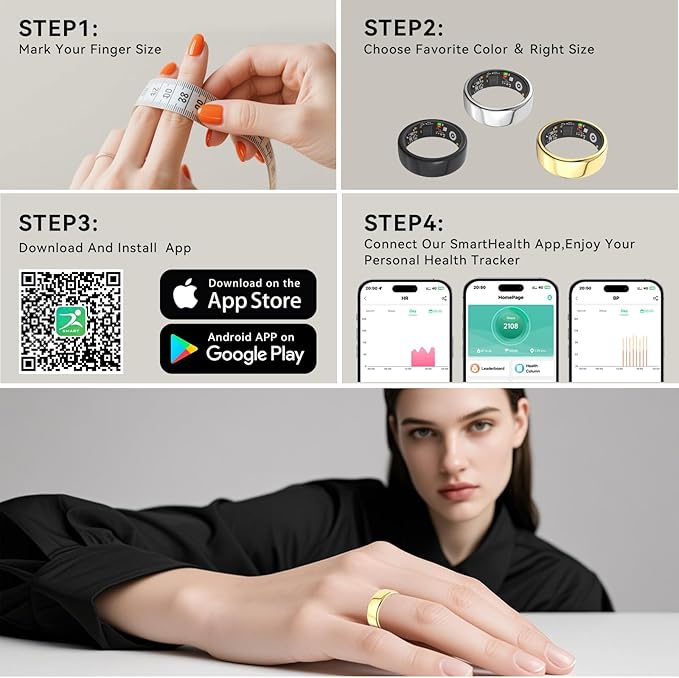 Smart Rings for Women Men,Fitness Tracker Ring,Heart Rate,Blood Oxygen,Blood Pressure,Step Tracker,Sleep Monitoring,No Subscription Fee,IP68 Waterproof Smart Ring for iphone&Android(Gold 12)