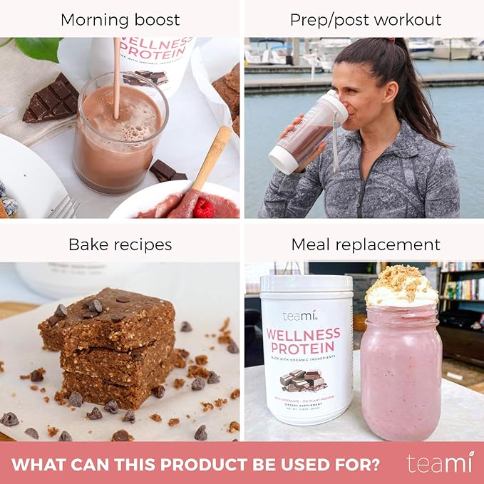 Teami Wellness Vegan Protein Powder - Organic Ingredients (14 Servings, 13.6 Ounce) Smooth Textured Chocolate Plant Based Protein Powder, Low Net Carbs, Non-GMO, Dairy Free, Soy Free, No Sugar Added