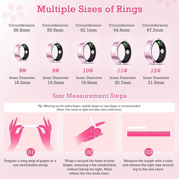 Smart Ring Health Tracker, Sleep Tracker Ring with Heart Rate, Waterproof Fitness Ring for Activity Monitoring/Steps/Distance/Calories,Air Gestures,Up to 7-Day Battery, for iOS Android (Light Pink,#9)