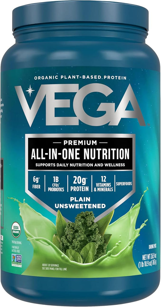 Vega All in One Nutrition Organic - 20g Plant-Based Pea Protein, Unsweetened, 20 Servings, Vitamins A & C, Probiotics, Greens, Vegan, Keto, Gluten Free, 26.9oz (Packaging May Vary)