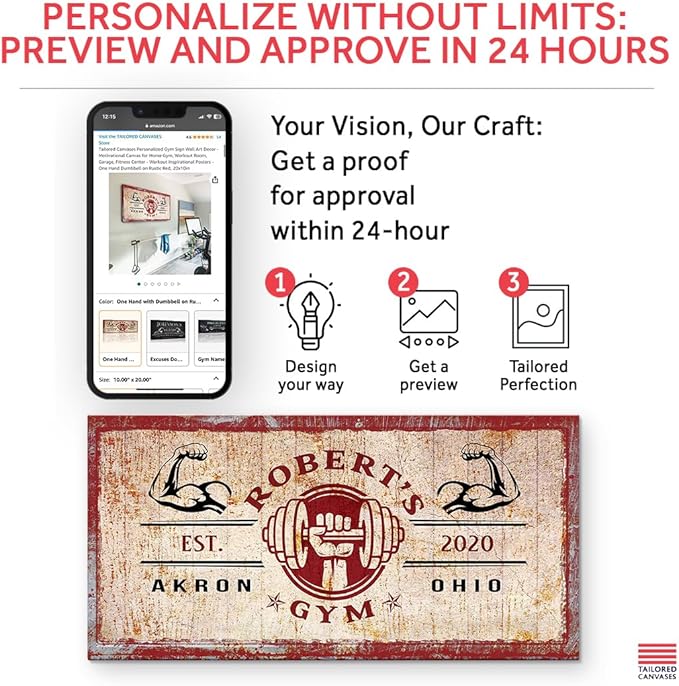 Tailored Canvases Personalized Gym Sign Wall Art Decor - Motivational Canvas for Home Gym, Workout Room, Garage, Fitness Center - Workout Inspirational Posters - One Hand Dumbbell on Rustic Red, 48x24in