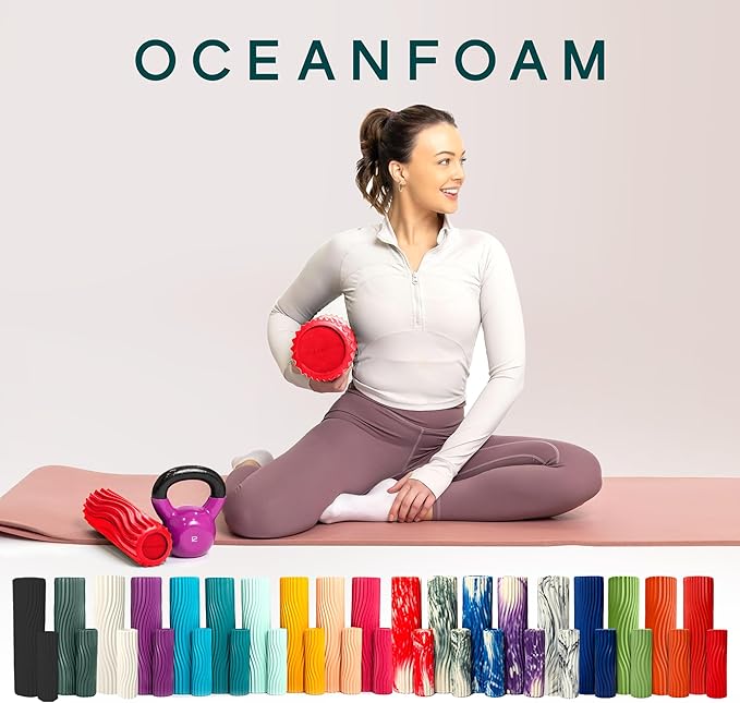 Oceanfoam Ripple Travel Foam Roller (11" x 3.35") Firm Mini Foam Roller for Physical Therapy, Deep Tissue Massage, Back Pain - High Density, Ergonomic Wave Textured - Yoga, Pilates, Exercise (Red)