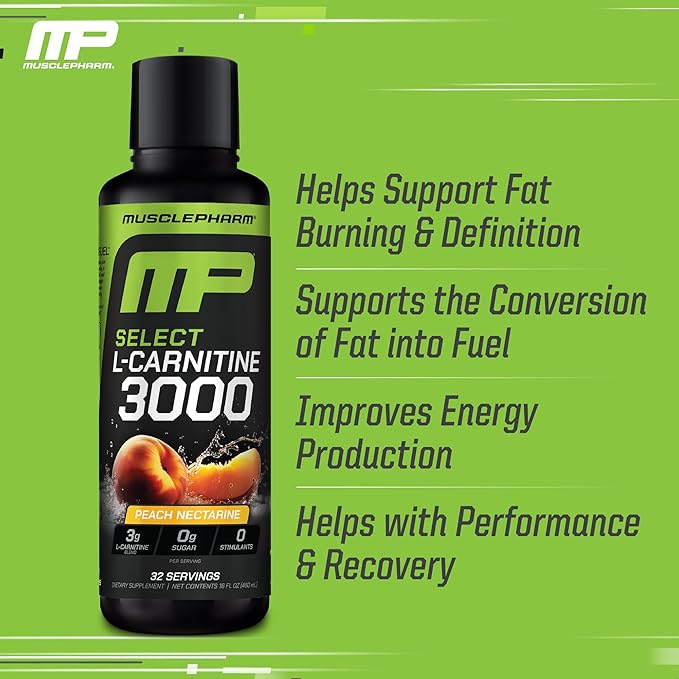 Muscle Pharm L-Carnitine 3000, The Ultimate Liquid L Carnitine Supplement for High-Performance, Supports Metabolism, Hydration & Energy, Zero Sugar/Calories, Peach Nectarine Flavor, 32 Servings