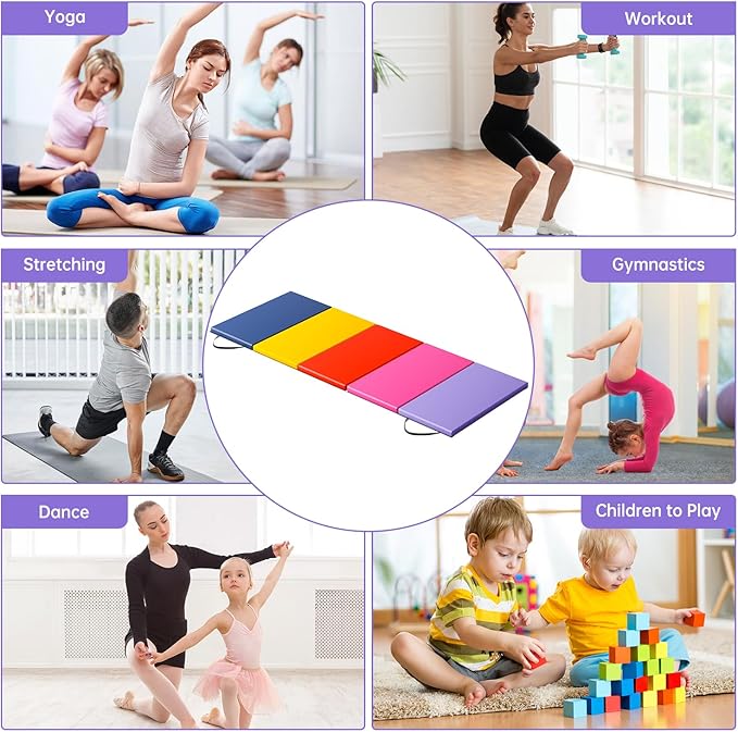 Gymnastics Tumbling Mats Portable Gymnastics Mat Foldable Tumbling Mat 2'x6'/4'x8' PU Leather Exercise Mat Yoga Mat with Carrying Handles for home Workout outdoor Yoga Gymnastics