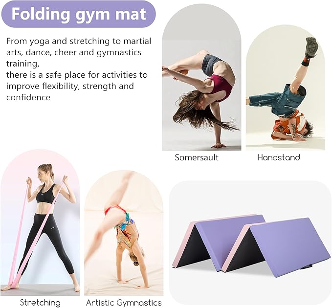 Gymnastics Tumbling Mats Portable Gymnastics Mat Foldable Tumbling Mat 2'x6'/4'x8' PU Leather Exercise Mat Yoga Mat with Carrying Handles for home Workout outdoor Yoga Gymnastics