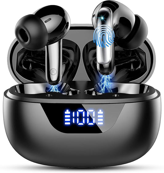 Wireless Earbuds, Bluetooth 5.4 Headphones, ENC Noise Cancelling Mic Ear buds with Stereo Bass, 48H Playtime Earphones , LED Display, IP7 Waterproof In Ear EarBuds for Phone Android iOS Sports, Black