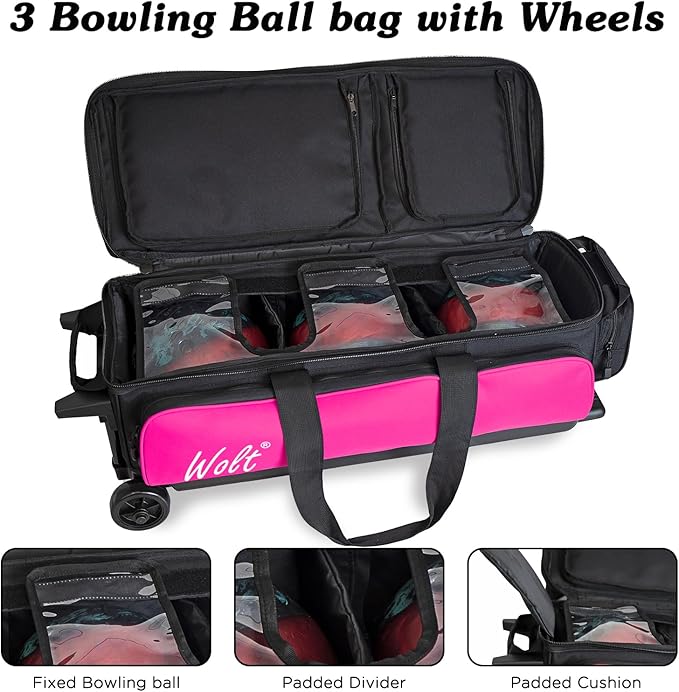WOLT 3 Ball Bowling Bags with Wheels,Bowling Ball Bag 3 Ball Roller with Separate Shoe Compartment and Accessory Pocket, Retractable Handle Extends to 38’’