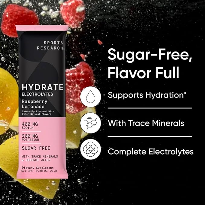 Sports Research® Hydrate Electrolytes Powder Packets - Sugar-Free & Naturally Flavored with Vitamins, Minerals, and Coconut Water - Supports Hydration - 16 Packets - Raspberry Lemonade