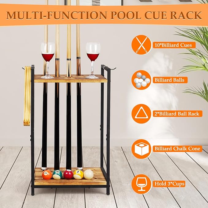 Pool Stick Holder - Freestanding Pool Cue Holder Floor Stand Wooden Cue Stick Holder 10-Hole Billiard Cue Racks for Game Room Billiard Room Decor Club Pool Table Accessories