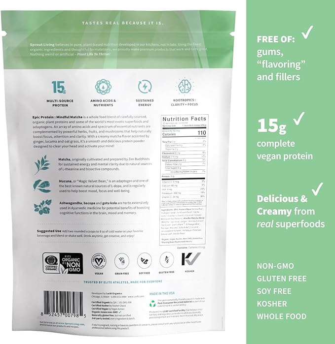 Sprout Living Epic Protein, Plant Based Protein & Superfoods Powder, Mindful Matcha | 17 Grams Organic Protein Powder, Vegan, Non-GMO, Gluten Free, Adaptogens + Nootropics (1 Pound, 12 Servings)