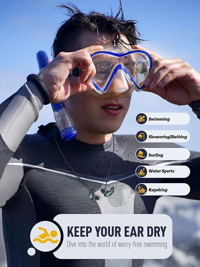 Ear Plugs for Swimming Surfing with String, Block Out Water Let Sound in, Reusable Comfy Custom-fit Swimmer Earplugs for Snorkeling, Shower, Pool, Swim, Bath, Kayaking, Other Water Activities