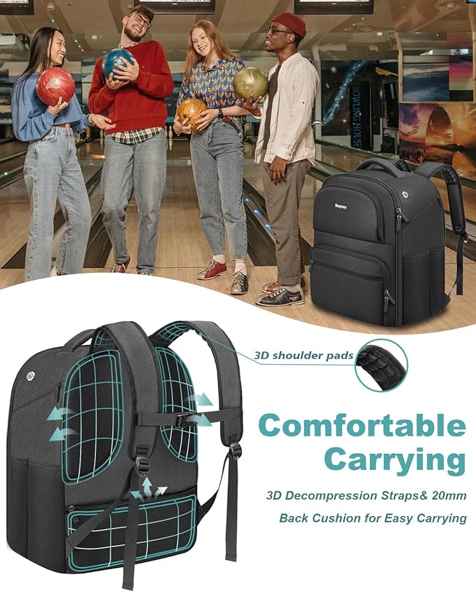 Bosynoy 2 Ball Bowling Backpack, Extra Large Bowling Ball Bag Totes with Protective Foam Padded, Accessory Pouch & Shoe Compartment Fits Up to Mens Size 16, Black