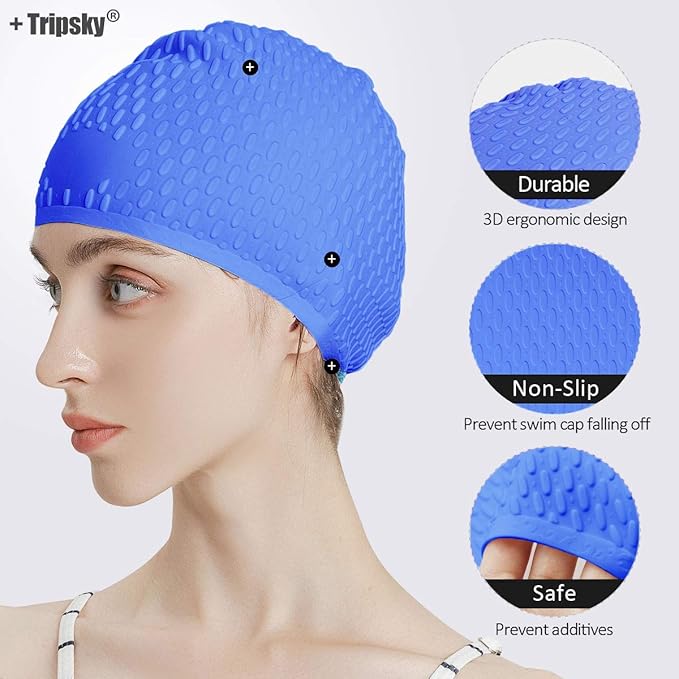 Tripsky Silicone Swim Cap,Comfortable Bathing Cap Ideal for Curly Short Medium Long Hair, Swimming Cap for Women and Men, Shower Caps Keep Hairstyle Unchanged…