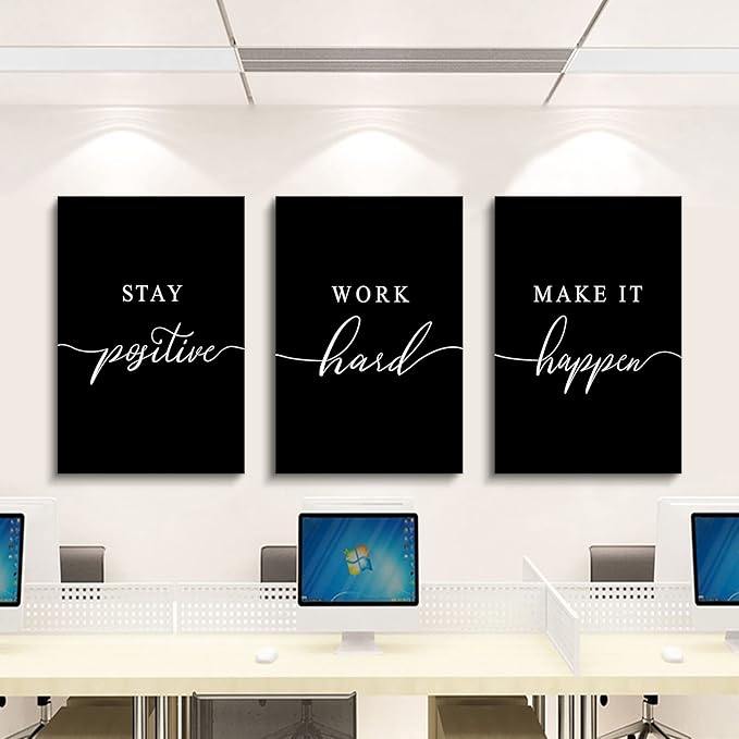 Stay Positive Letters Artwork,Framed Canvas Wall Art Positive Quote, Office Wall Art, Black Large Poster, Inspirational Prints for Boss Gift (E-3pcs,20x30inchx3pcs)
