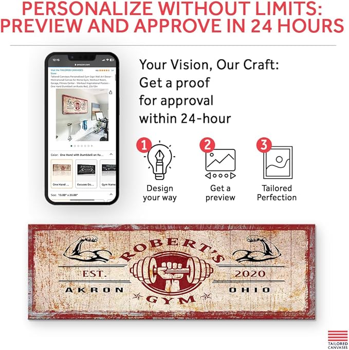 Tailored Canvases Personalized Gym Sign Wall Art Decor - Motivational Canvas for Home Gym, Workout Room, Garage, Fitness Center - Workout Inspirational Posters - One Hand Dumbbell on Rustic Red, 36x12in