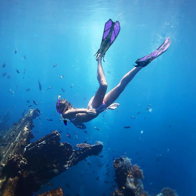 ZEEPORTE Mask Fin Snorkel Set, Travel Size Snorkeling Gear for Adults with Panoramic View Anti-Fog Mask, Trek Fins, Dry Top Snorkel and Gear Bag for Swimming Training, Snorkeling Kit Diving Packages