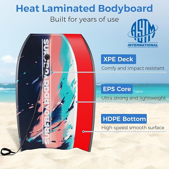 Goplus 41''/37''/33'' Lightweight Body Board for Beach, Surf Board with EPS Core, XPE Deck, HDPE Slick Bottom, Wrist Leash, Bodyboard for Kids Adults Surfing