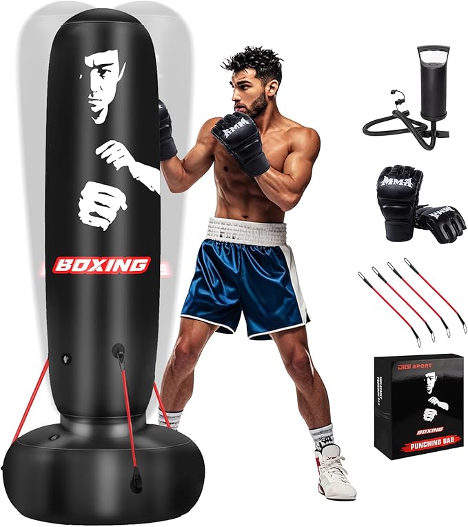 Punching Bag for Adults, 71" Boxing Bag with Stand and Fixed Rope,Free Standing Freestanding Punch Bag with Gloves and Pump, Inflatable Heavy Boxing Bag Set for Adults Teens Men Youth at Home Outdoor