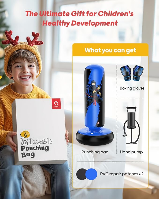 QPAU Punching Bag for Kids, 66 Inch Stable Inflatable Boxing Bag with Boxing Gloves, Stand Kids Punching Bag Toy for Boys & Girls Age 6-12, Boxing Set for Practicing Karate, Taekwondo, MMA