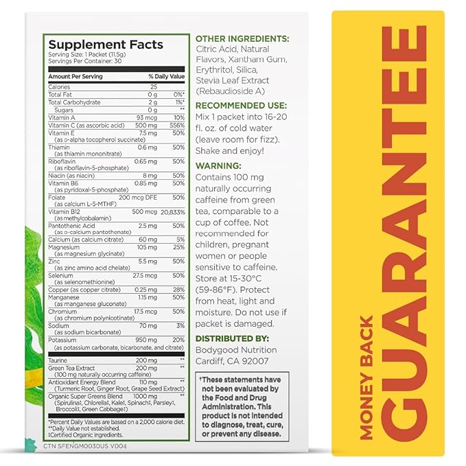 Pureboost Superfoods Clean Energy Booster, Energy Drink Mix Powder with 7 Organic Green Superfoods; Spirulina, Kale, Broccoli and Vitamins, Green Apple, Pineapple, Mango (Green Mojo, 30 Count)