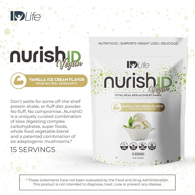 IDLife Vanilla Ice Cream NurishID Vegan - Meal Replacement Shake with Plant-Based Protein, Adaptogenic Mushrooms and Superfoods -15 Servings