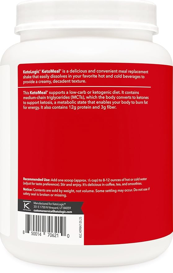 Ketologic Keto Meal Replacement Shake Powder for Optimal Results + MCT Oil + Grass-Fed Whey - Perfectly Formulated Macros for Ketosis - 20 Servings - Vanilla