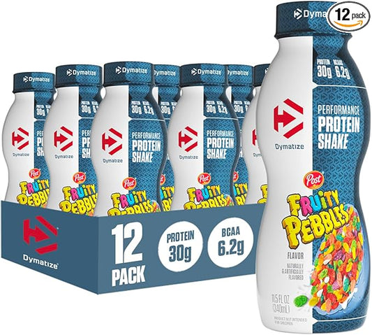 Dymatize Performance Protein Shake, Fruity Pebbles, 30g of Protein, 6.2g BCAA for Muscle Recovery, No Added Sugar, Low Fat, 24 Vitamins and Minerals, Gluten-Free, Ready to Drink, On-the-Go Snack, 11.5fl oz, 12 pack