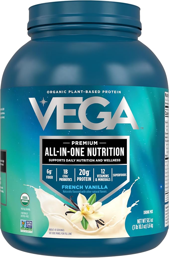 Vega All in One Nutrition Organic - 20g Plant-Based Pea Protein, French Vanilla, 43 Servings, Vitamins A & C, Probiotics, Greens, Vegan, Keto, Gluten Free, 3.63lbs (Packaging May Vary)