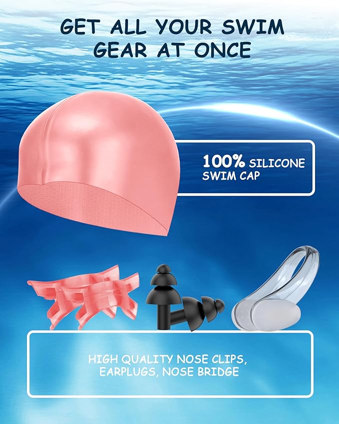 Kids Swim Goggles, Swimming Goggles for Kids Toddlers 3-14 with Swim Cap, Nose Clip, Nose Bridge, Ear Plugs