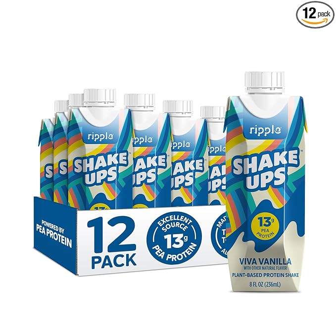 Ripple Kids Vanilla Plant Based Shake Ups | 13g of Quality Sourced Pea Protein, Calcium Rich | Shelf Stable | Vegan & Non GMO | Dairy, Soy, Nut, Gluten & Lactose Free | 8 Fl Oz Cartons (Pack of 12)