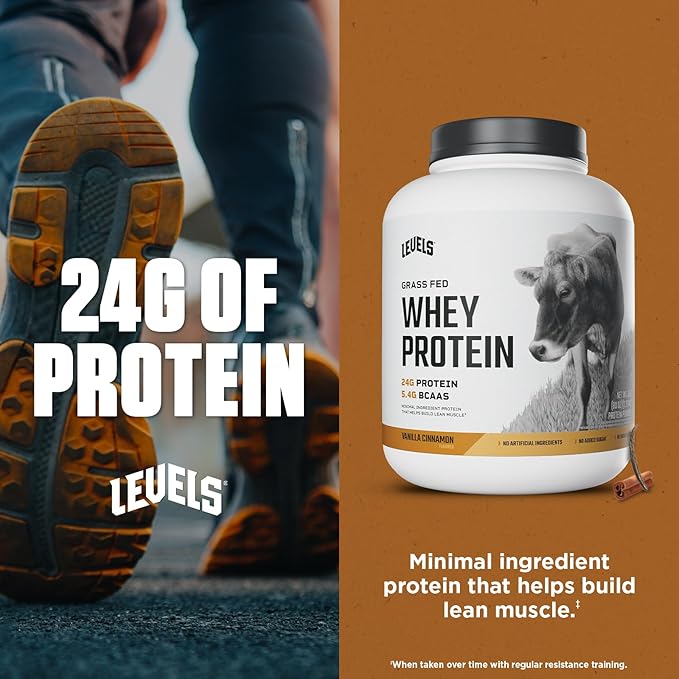 Levels Grass Fed Whey Protein Powder, No Artificials, 24G of Protein, Vanilla Cinnamon, 5LB