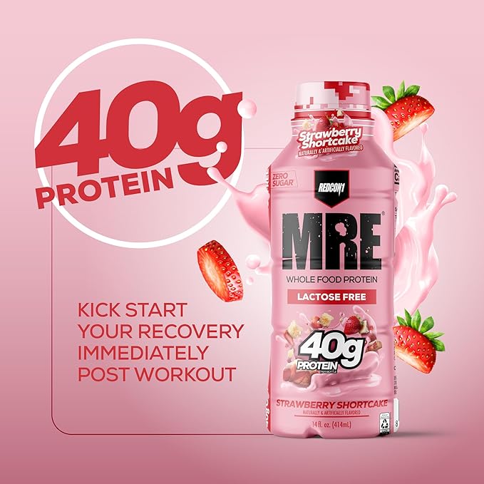 REDCON1 MRE Ready to Drink Protein Shake, Strawberry Shortcake- Lactose + Whey Free RTD 40gr Protein Made with Real Whole Food Protein Blends - Keto-Friendly Easy to Digest Nutritional Shake (12 Pack)