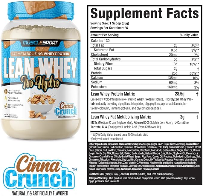 Musclesport Lean Whey Revolution™ Protein Powder - Whey Protein Isolate - Low Calorie, Low Carb, Low Fat, Incredible Flavors - 25g Protein per Scoop - 2lb Cinna Crunch