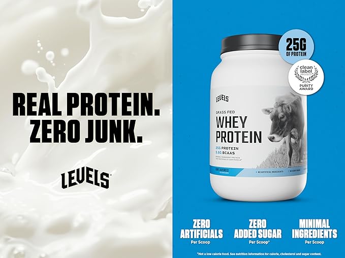 Levels Grass Fed Whey Protein Powder, No Artificials, 25G of Protein, Unflavored, 2LB