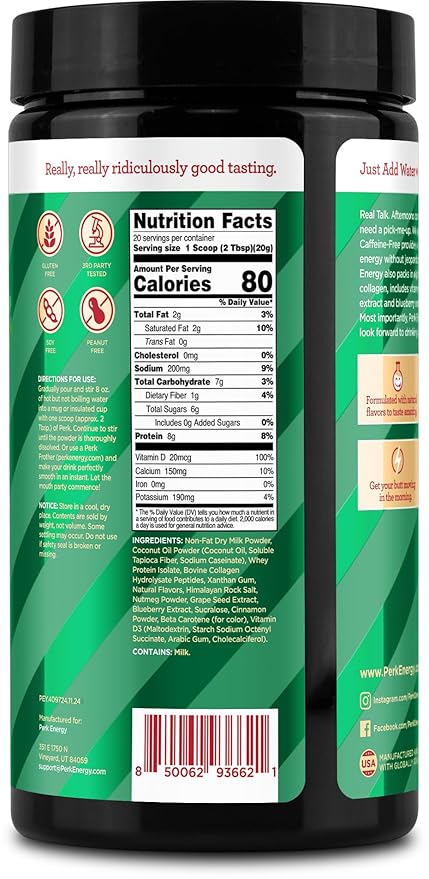 Perk Energy Original Caffeine-Free Eggnog (20 Servings) - Gluten Free, Soy Free, Peanut Free